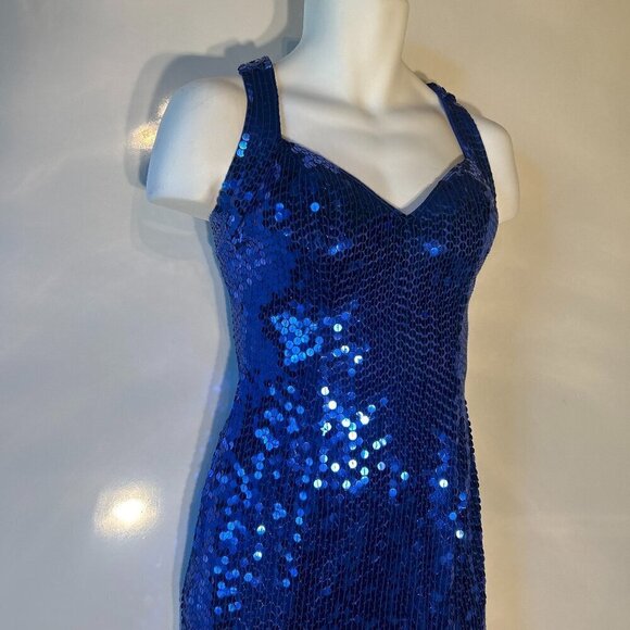Niteline SZ4 Vintage Blue Halter Cut Sequin Maxi old glamour party timeless prom - Picture 2 of 9